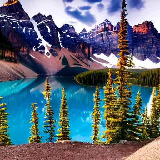 a picture of a clear morning at Moraine Lake, BC, Canada, with rising golden sunshine reflecting at the mountains of the lakeside, blue lake water,  