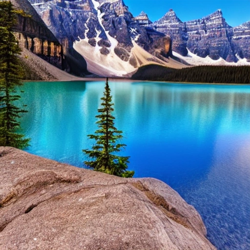 a picture of a clear morning at Moraine Lake, BC, Canada, with rising golden sunshine reflecting at the mountains of the lakeside, blue lake water,  3D, 