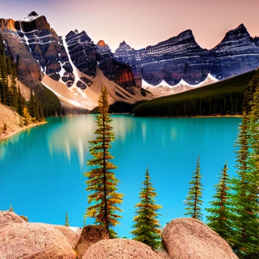 a picture of a clear morning at Moraine Lake, BC, Canada, with r ...