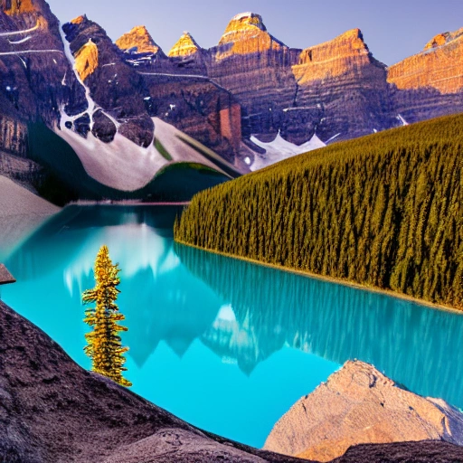 a 8K picture with raw file quality, about a clear morning at Moraine Lake, BC, Canada, with rising golden sunshine reflecting at the mountains of the lakeside, blue lake water,  3D, 