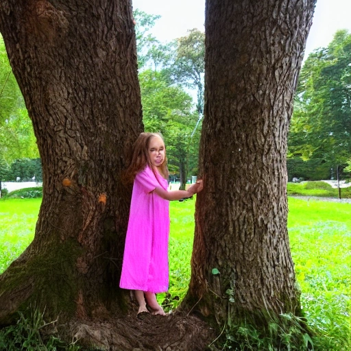 A girl standing against a tree