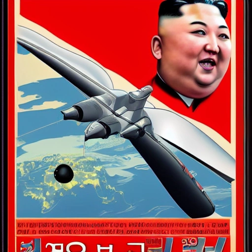 a 8K quality poster, Kim Jong-un is presenting to his people, describing that North Korea will launch a spaceship to the Sun.