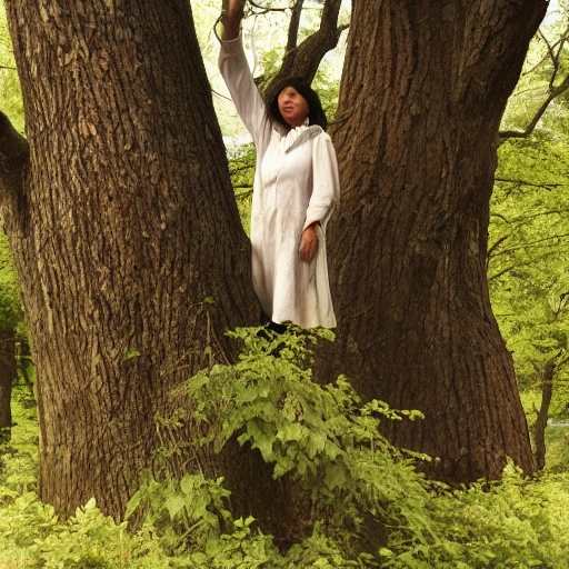 A woman standing against a tree