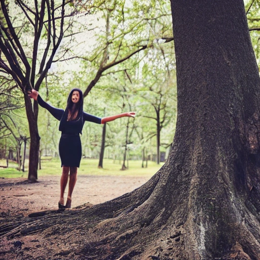 A slim beautiful woman standing against a tree