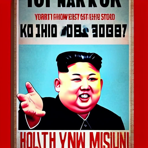 a 8K quality poster, Kim Jong-un is presenting to his people, describing that North Korea will launch a missal and ruin the whole world