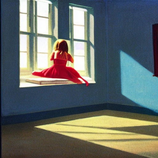 lone girl waiting inside a room, 7 0 s, stanley kubrick the shinning, american gothic, vibrant colors americana, cinematic, volumetric lighting, ultra wide angle view, realistic, detailed painting in the style of edward hopper and rene magritte 