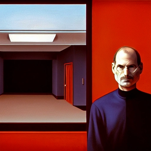 Steve Jobs waiting inside a room, 7 0 s, stanley kubrick the shinning, american gothic, vibrant colors americana, cinematic, volumetric lighting, ultra wide angle view, realistic, detailed painting in the style of edward hopper and rene magritte 
