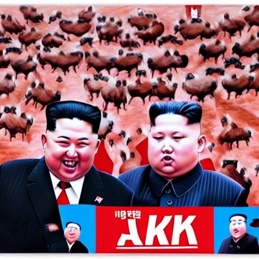 a 8K quality poster, Kim Jong-un stays with a group of pigs