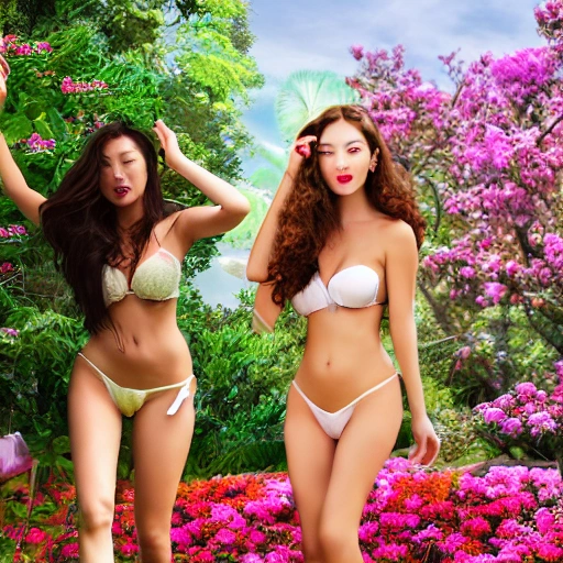 a group of beautiful young woman in micro transparent bikini stands in a lush garden, surrounded by blooming flowers and tall trees, realistic, looking at the viewer, red lips, big boobs, beautiful faces