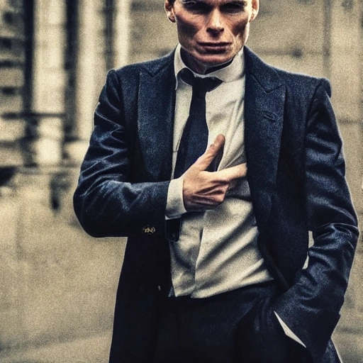 High Detail RAW Professional Color Photo, High Detail Face: 1.4, Cillian Murphy detailed portrait in a suit, dramatic color grades, dynamic angles, detail wear, super detailed face and eyes, backlighting, bokeh, 19th Style, Peaky Blinders style