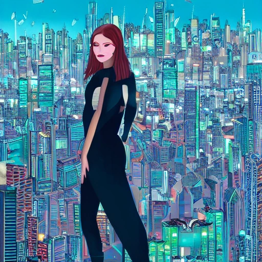 Behold a mesmerizing sight of a young woman amongst a high-tech futuristic cityscape, bursting with vibrant and extreme details." --ar 9:16