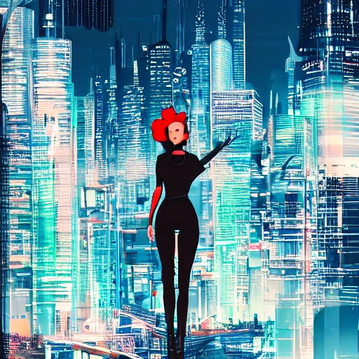 Behold a mesmerizing sight of a young woman amongst a high-tech futuristic cityscape, bursting with vibrant and extreme details." --ar 9:16