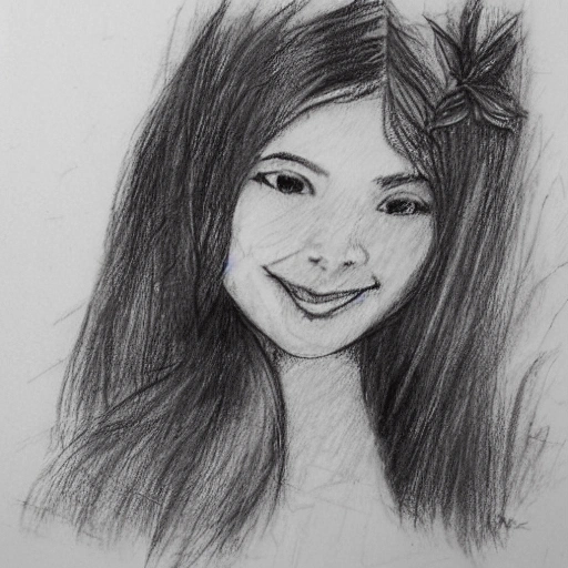 The girl with the petals in her hair, smile, Pencil Sketch