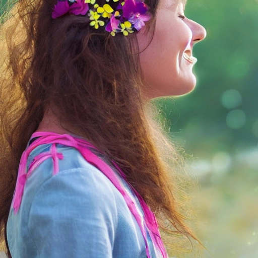 The girl with the petals in her hair, smile, real human beings,