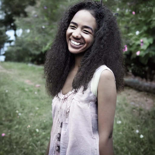 The girl with the petals in her hair, full smile, real human beings,