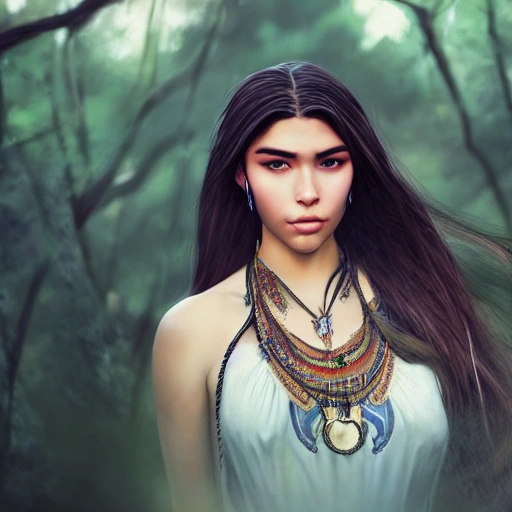 mdjrny-v4 style portrait photograph of Madison Beer as Pocahontas, young beautiful native american woman, perfect symmetrical face, feather jewelry, traditional handmade dress, armed female hunter warrior, (((wild west))) environment, Utah landscape, ultra realistic, concept art, elegant, ((intricate)), ((highly detailed)), depth of field, ((professionally color graded)), 8k, art by artgerm and greg rutkowski and alphonse mucha