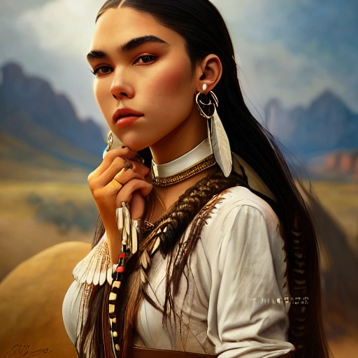 mdjrny-v4 style portrait photograph of Madison Beer as Pocahontas, young beautiful native american woman, perfect symmetrical face, feather jewelry, traditional handmade dress, armed female hunter warrior, (((wild west))) environment, Utah landscape, ultra realistic, concept art, elegant, ((intricate)), ((highly detailed)), depth of field, ((professionally color graded)), 8k, art by artgerm and greg rutkowski and alphonse mucha