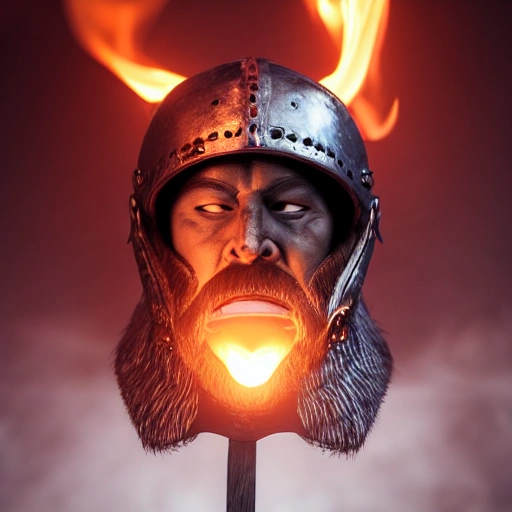 Hyper-realistic, front-view close-up portrait of a furious Viking bursting into flames, smoke, embers, (symmetrical composition)+, (eye contact)+, epic, celestial, moody, cinematic lighting, lens flare, highly detailed, sharp focus, octane render, HDRI, intense, dramatic, warm colors, fiery effect, professional, 35mm, 8k, IMAX, (mouth closed)+, viking helmet on his head, dark studio, low key, high contrast, dark background, flawless detail, award-winning, expertly crafted, detailed pupils, unreal engine