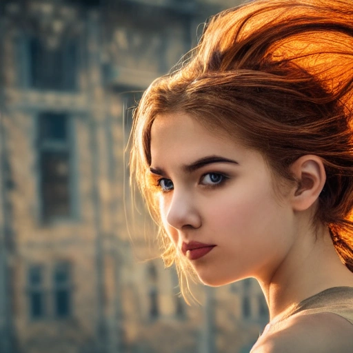 detailed, close up portrait of girl standing in a steampunk city with the wind blowing in her hair, cinematic warm color palette, spotlight, perfect symmetrical face