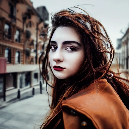 detailed, close up portrait of girl standing in a steampunk city with the wind blowing in her hair, cinematic warm color palette, spotlight, perfect symmetrical face