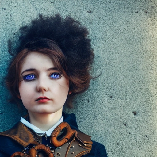 detailed, close up portrait of girl standing in a steampunk city with the wind blowing in her hair, cinematic warm color palette, spotlight, perfect symmetrical face