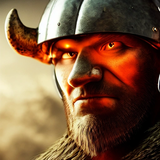 Hyper-realistic, front-view close-up portrait of a furious Viking bursting into flames, smoke, embers, (symmetrical composition)+, (eye contact)+, epic, celestial, moody, cinematic lighting, lens flare, highly detailed, sharp focus, octane render, HDRI, intense, dramatic, warm colors, fiery effect, professional, 35mm, 8k, IMAX, (mouth closed)+, viking helmet on his head, dark studio, low key, high contrast, dark background, flawless detail, award-winning, expertly crafted, detailed pupils, unreal engine