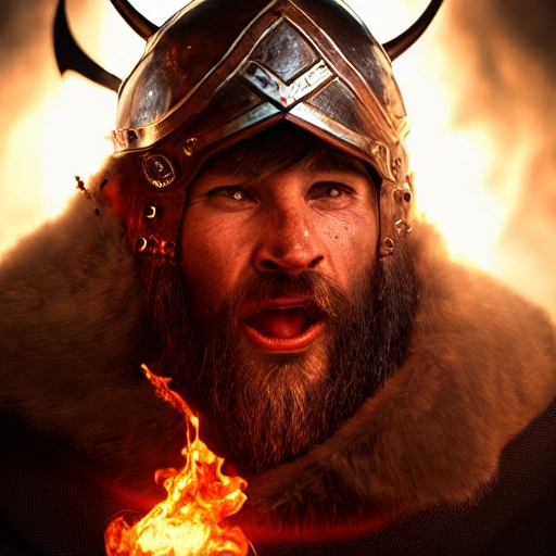 Hyper-realistic, front-view close-up portrait of a furious Viking bursting into flames, smoke, embers, (symmetrical composition)+, (eye contact)+, epic, celestial, moody, cinematic lighting, lens flare, highly detailed, sharp focus, octane render, HDRI, intense, dramatic, warm colors, fiery effect, professional, 35mm, 8k, IMAX, (mouth closed)+, viking helmet on his head, dark studio, low key, high contrast, dark background, flawless detail, award-winning, expertly crafted, detailed pupils, unreal engine