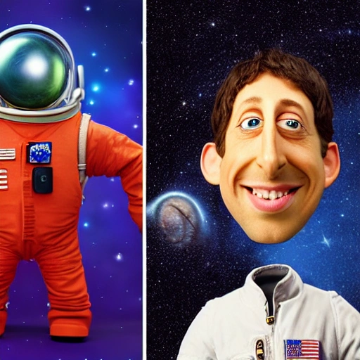 A (full body)+ funny caricature of Simon Helberg, Howard from The Big Bang Theory, as (The Tiny Little Astronaut)+, wide-eyed, smiling, by Sebastian Krüger and David Cowles, detailed and intricate skin texture, (("octane render", "matte oil painting"). blend(1, . 9))-, detailed starscape background, centered