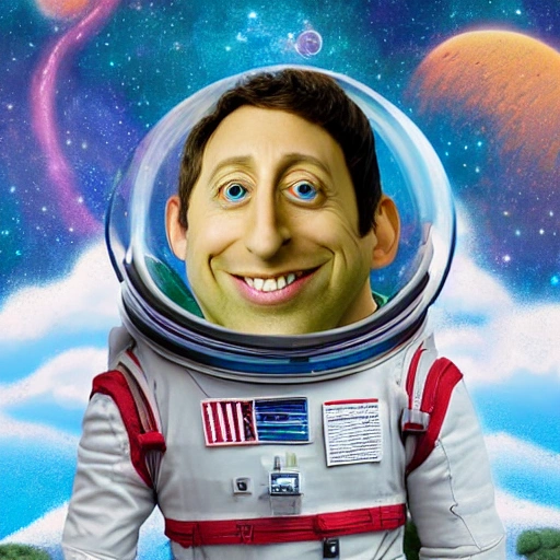 A (full body)+ funny caricature of Simon Helberg, Howard from The Big Bang Theory, as (The Tiny Little Astronaut)+, wide-eyed, smiling, by Sebastian Krüger and David Cowles, detailed and intricate skin texture, (("octane render", "matte oil painting"). blend(1, . 9))-, detailed starscape background, centered