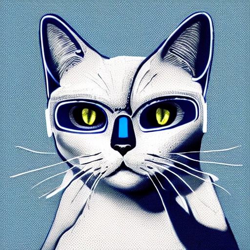 a beautiful portrait of a cute cyberpunk cat , white blue color scheme, high key lighting, digital art, highly detailed, fine detail, intricate, ornate, complex 
