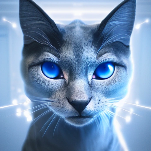 a beautiful portrait of a cute cyberpunk cat, white  blue color scheme, high key lighting, volumetric light, digital art, highly detailed, fine detail, intricate, ornate, complex, octane render, unreal engine, photorealistic 