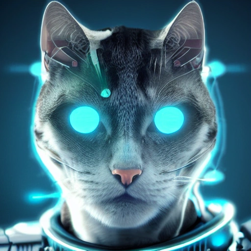 A beautiful portrait of a lovely cyberpunk cat with a brain-machine interface on his head and robot gear all over his body, white blue colour scheme, high key lighting, volumetric light, digital art, highly detailed, fine details, intricate, gorgeous, complex, octane rendering, Unreal Engine, realistic,