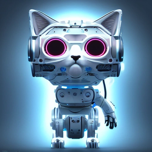 A beautiful  lovely cyberpunk cat with a brain-machine interface on his head and robot gear all over his body, white blue colour scheme, high key lighting, volumetric light, digital art, highly detailed, fine details, intricate, gorgeous, complex, octane rendering, Unreal Engine, realistic,