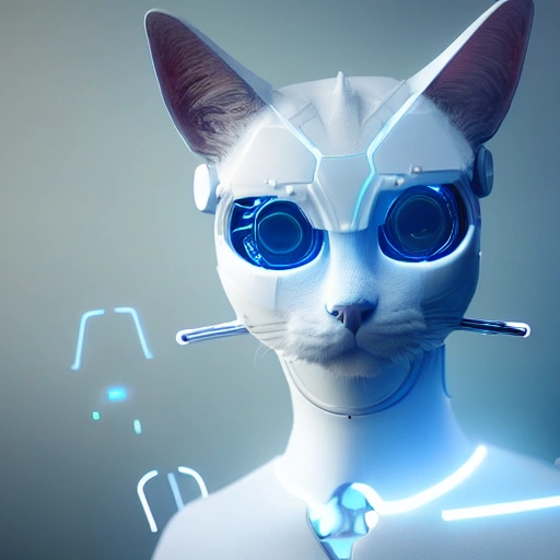 A beautiful portrait of an adorable cyberpunk cat with a brain-machine interface on his head and robot gear all over his body, white and blue colour scheme, high key lighting, volumetric light, digital art, highly detailed, fine details, simple, gorgeous, complex, Unreal Engine