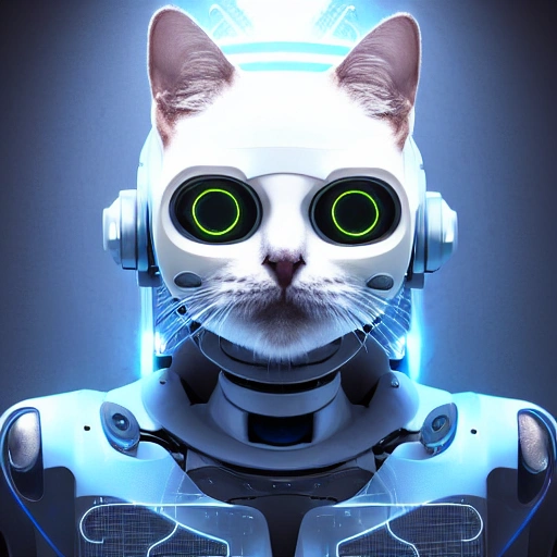 A beautiful portrait of an adorable cyberpunk cat with a brain-machine interface on his head and robot gear all over his body, white and blue colour scheme, high key lighting, volumetric light, digital art, highly detailed, fine details, simple, gorgeous, complex, Unreal Engine