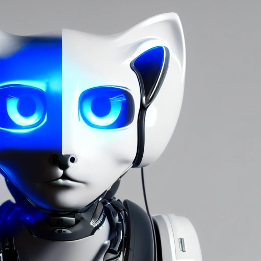 A beautiful portrait of an adorable cyberpunk cat with a robotic head rig, white blue colour scheme, high key lighting, volumetric lighting, digital art, highly detailed, fine detail, simple, gorgeous, complex, Unreal Engine