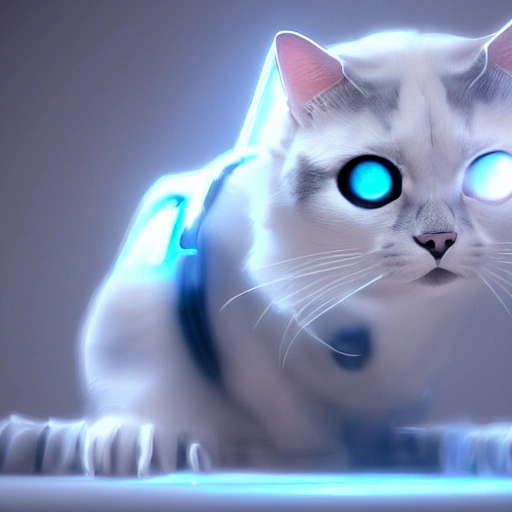 A beautiful portrait of an adorable cyberpunk cat with a robotic head rig, white blue colour scheme, high key lighting, volumetric lighting, digital art, highly detailed, fine detail, simple, gorgeous, complex, Unreal Engine