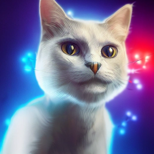 A beautiful portrait of a lovely cyberpunk cat wearing a robotic outfit on his head, white blue colour scheme, high key lighting, volumetric lighting, digital art, highly detailed, fine details, simple, gorgeous, complex, Unreal Engine, smile