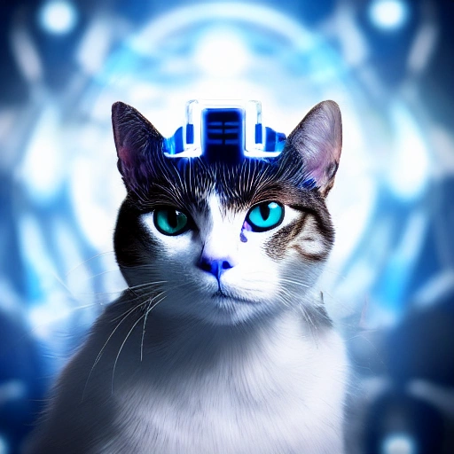 A beautiful portrait of a lovely cyberpunk cat wearing a robotic outfit on his head, white blue colour scheme, high key lighting, volumetric lighting, digital art, highly detailed, fine details, simple, gorgeous, complex, Unreal Engine, smile