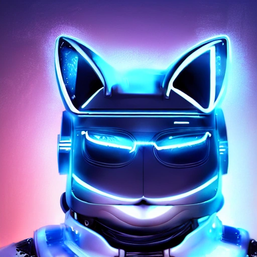 A beautiful portrait of a lovely cyberpunk cat wearing a robot outfit on his head, white blue colour scheme, high key lighting, volumetric light, digital art, highly detailed, fine details, cartoon, smile