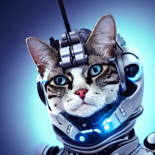 A beautiful portrait of a lovely cyberpunk cat wearing a robot outfit on his head, white blue colour scheme, high key lighting, volumetric light, digital art, highly detailed, fine details, cartoon, smile