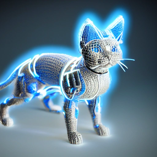 A super detailed intricate 3D rendering of a cute cyborg kitten made of metal, blue and white, glowing cinematography, detailed wires, vibrant details, Unreal Engine, octane rendering, cinematography, perfect details, award winning, professional production, well composed photography, creative, 8K, rim lighting, dynamic lighting