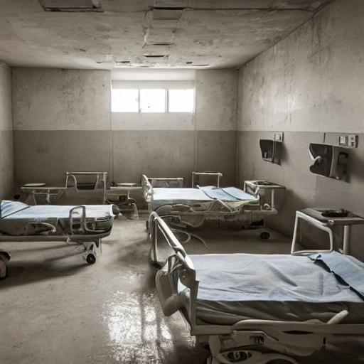Generate an image of a medical bay inside the abandoned base, with empty cots and outdated medical equipment lining the walls. The scene should be filled with a sense of tragedy and sorrow as visitors imagine the patients who were once treated there.