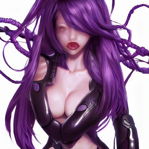 best quality, masterpiece,highly detailed,semi-realistic,1girl,upper body,raiden shogun,large breasts,perfect face,glowing eyes,long hair,purple hair,, 3D