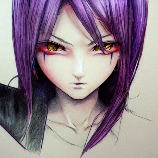 best quality, masterpiece,highly detailed,semi-realistic,1girl,upper body,raiden shogun,large breasts,perfect face,glowing eyes,long hair,purple hair,, 3D, Pencil Sketch, Water Color, Water Color