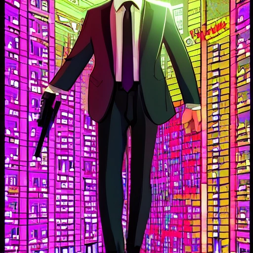 john wick , handsome,cleavage,glowing eyes,high-buildings,cyber ponk,guns, bullets, , Trippy