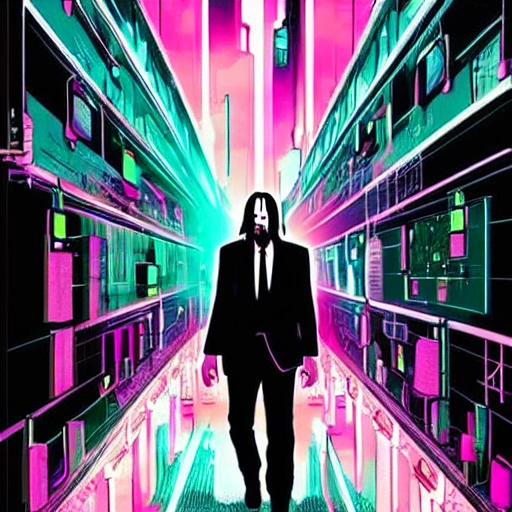 john wick , handsome,,glowing eyes,high-buildings,cyber ponk,guns, bullets, , Trippy, Cartoon