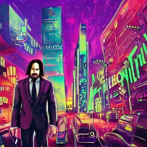 john wick , handsome,,glowing eyes,high-buildings,cyber ponk,guns, bullets, , Trippy, Cartoon, Oil Painting