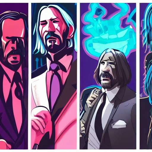 john wick , handsome,,glowing eyes,high-buildings,cyber ponk,guns, bullets, dog, Cartoon