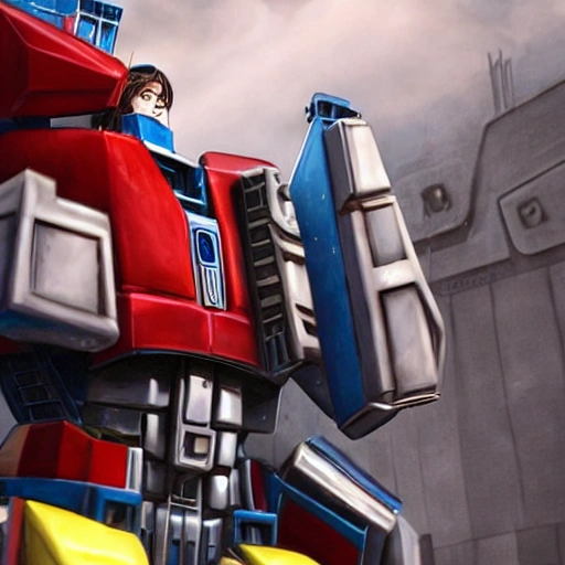 A girl with a cute and delicate face, a plump and slender figure, dressed in a style consistent with the background, with the Transformers' Optimus Prime in the background